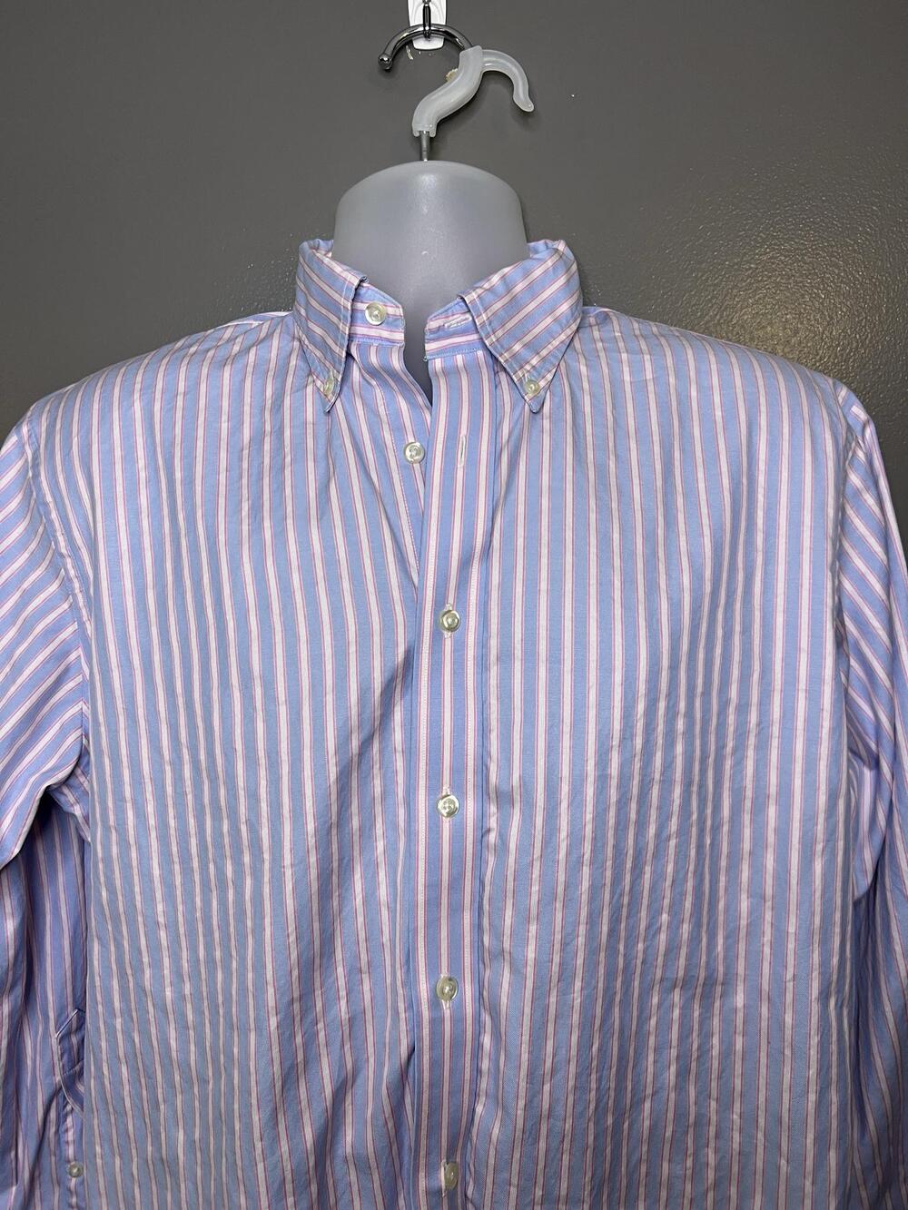 Lands' End Custom Shirt Mens XL Blue Pink Stripe Button Down Cotton Casual